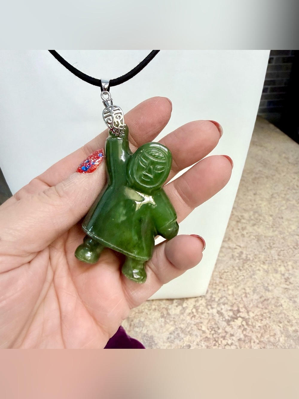 Hand-Carved Canadian Nephrite Polar Jade Inuit Figurine Pendant Necklace